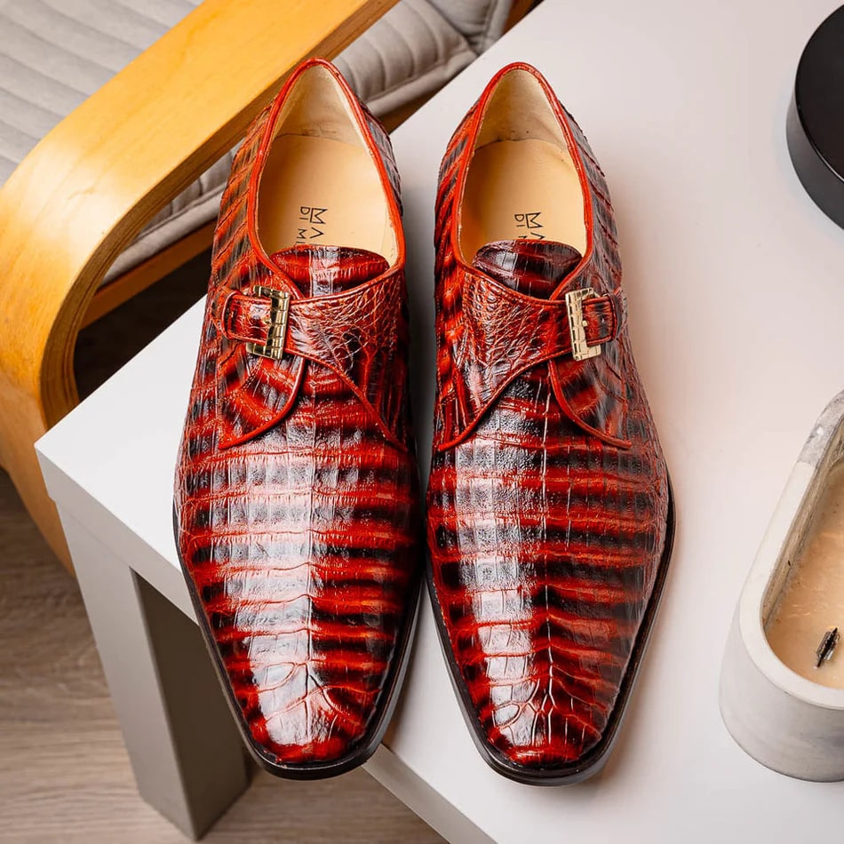 Marco Di Milano Rovigo Men's Shoes Cognac Exotic Crocodile Skin Single Monk-strap Loafers - 8.5