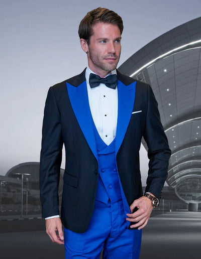 Mens Royal Blue Prom 2026 Tuxedo - Statement Men's Black Vested with Royal Blue Peak Lapel 100% Wool Tuxedo