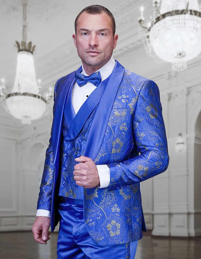 Mens Royal Blue Prom 2026 Tuxedo - Statement Men's Royal Blue Patterned Vested Tuxedo with Bowtie