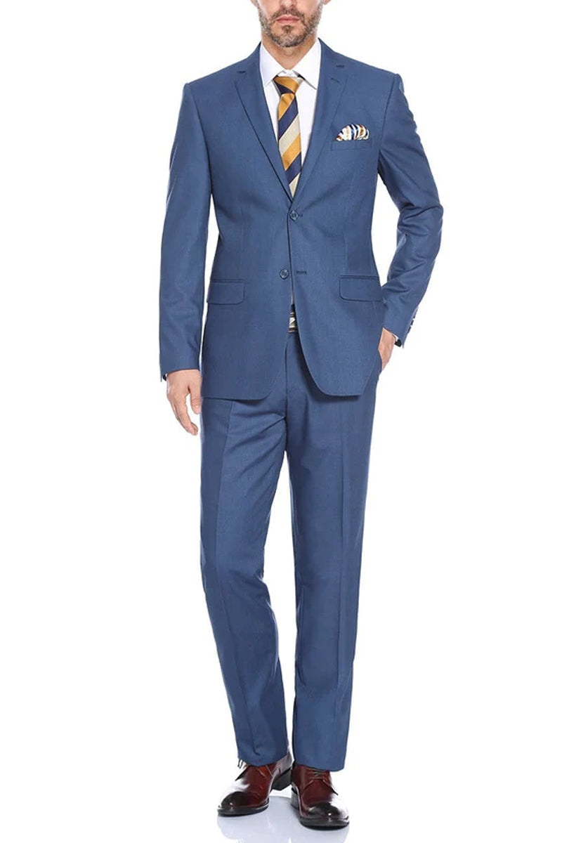 "Steel Blue Slim Fit Men's Suit - Two Button Hack Pocket Style" - 34 Short