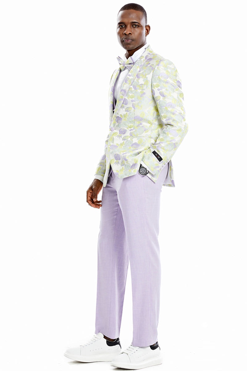 "Lilac Men's Floral Print Wedding Tuxedo Suit - One Button Vested Dinner Jacket"