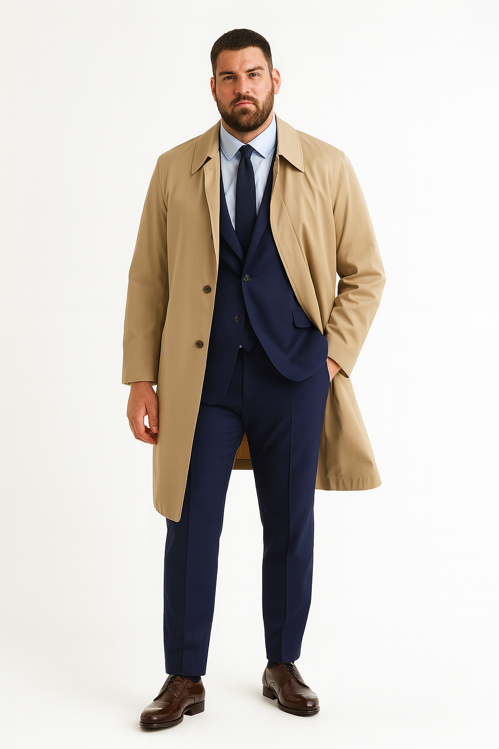 Mens Beige Trench Coat – Classic Long Overcoat with Button Front - Raincoat in Khaki Color - 42