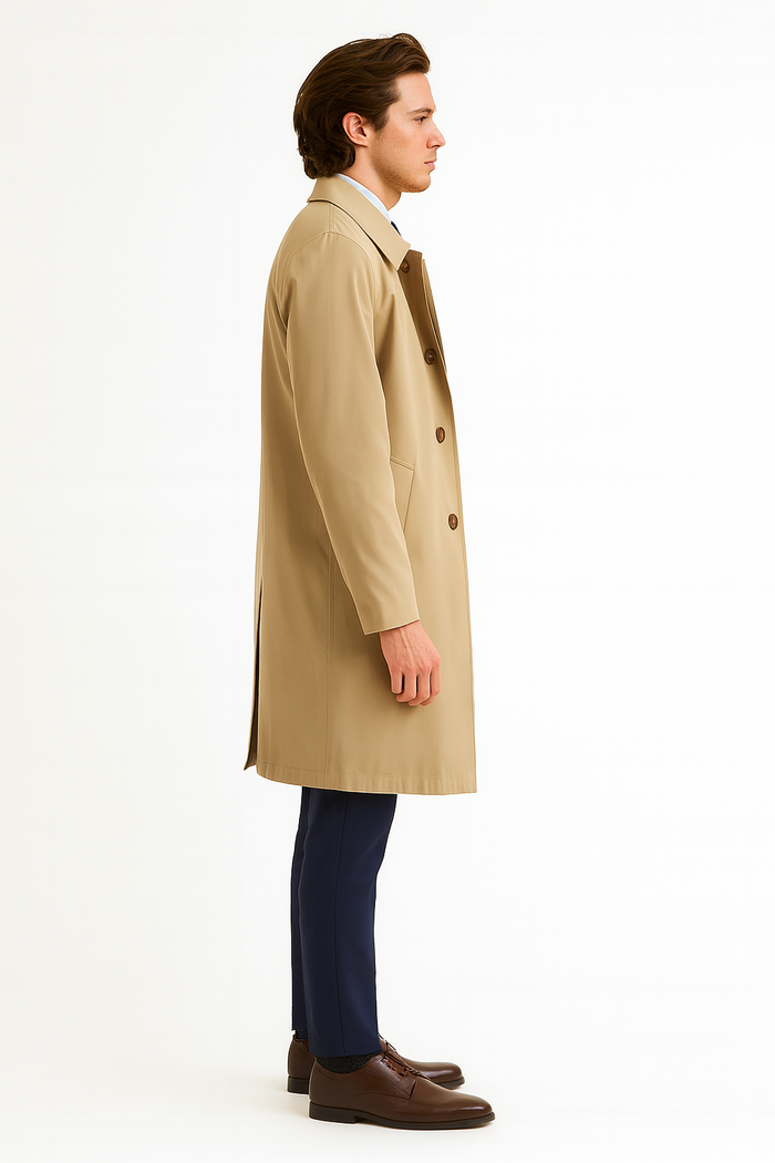 Mens Beige Trench Coat Classic Long Overcoat with Button Front - Raincoat in Khaki Color