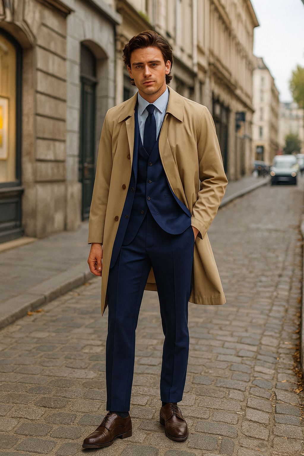 Mens Beige Trench Coat – Classic Long Overcoat with Button Front - Raincoat in Khaki Color - 42