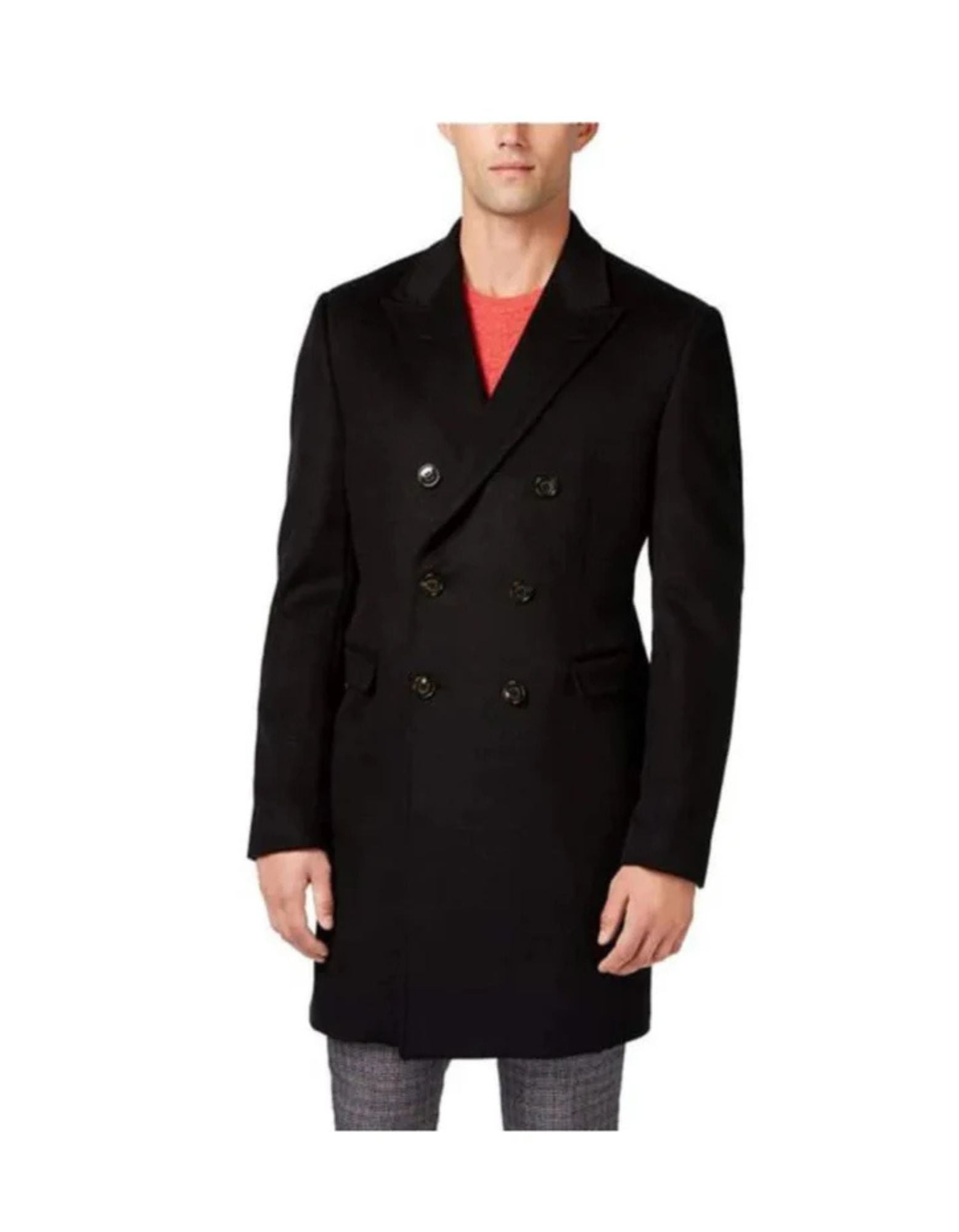 Ralph Lauren Long men's Dress Topcoat - Winter coat Double-Breasted Wool Blend All Solid Outfit Black Overcoat - Coat Size 38