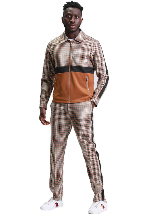 Houndstooth Men's Casual Walking  Jacket & Pant Set in Coffee Brown