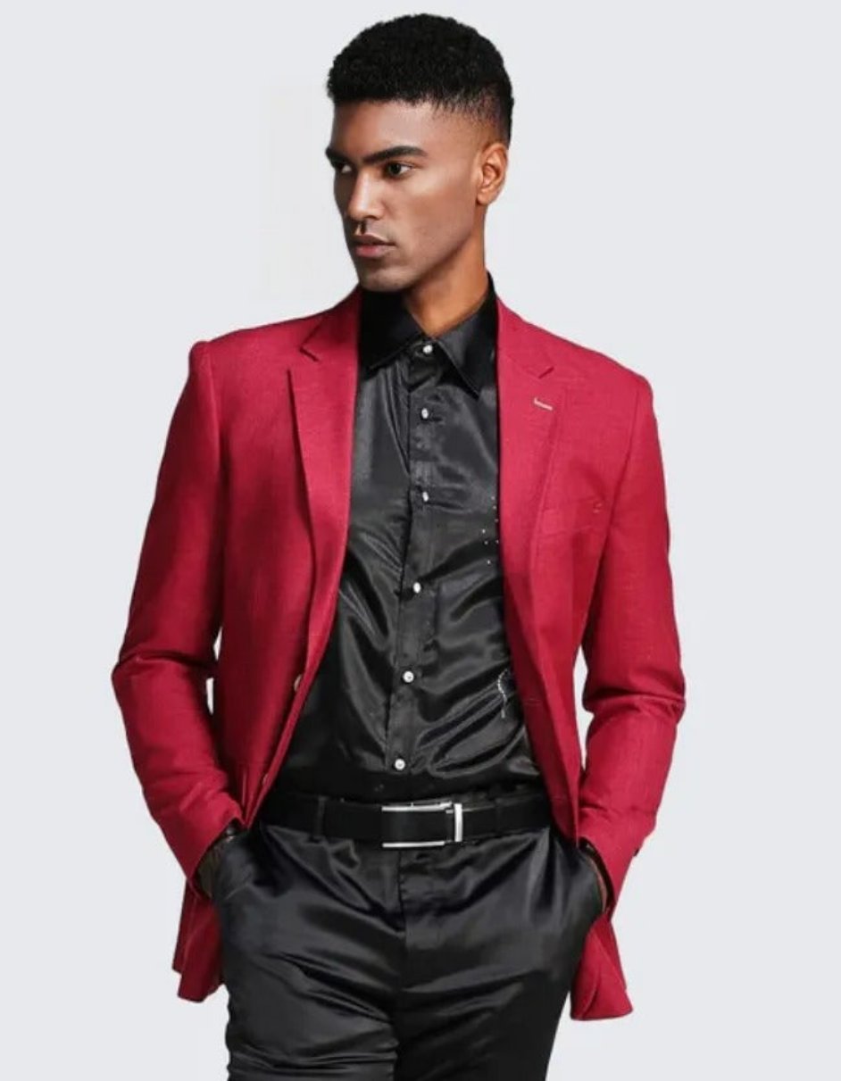 Red Casual Blazer Slim Fit Two Button Notch Lapel - Wedding - Prom