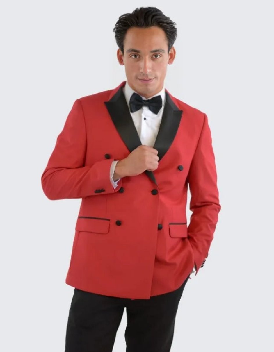 Red Double Breasted Slim Fit Tuxedo Black Peak Lapel - Wedding - Prom