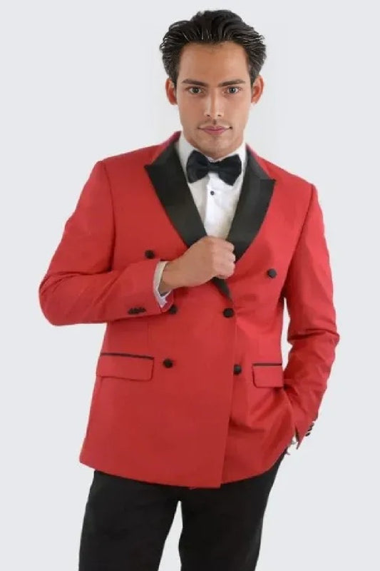 Red Double Breasted Slim Fit Tuxedo Black Peak Lapel - Wedding - Prom 2025