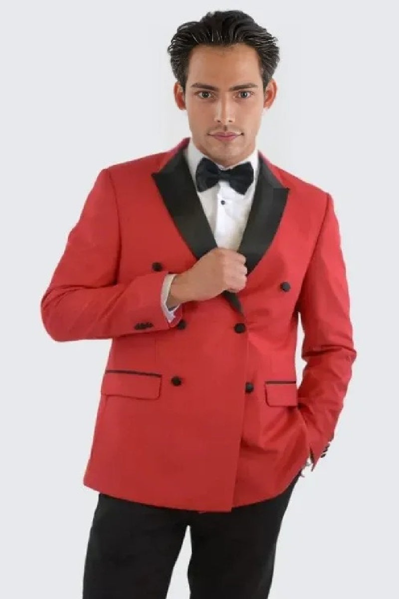 Red Double Breasted Slim Fit Tuxedo Black Peak Lapel - Wedding - Prom 2025 - 34 Short or Extra Small