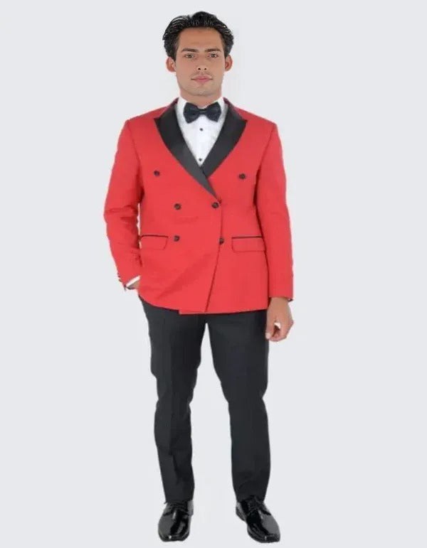 Red Double Breasted Slim Fit Tuxedo Black Peak Lapel - Wedding - Prom 2025 - 34 Short or Extra Small