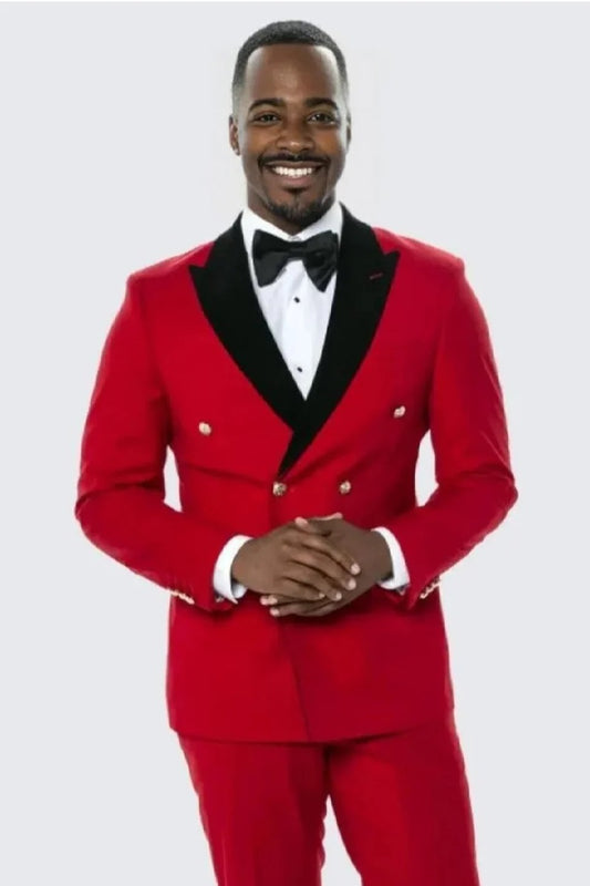 Red Double Breasted Tuxedo with Velvet Peak Lapel - Wedding - Prom