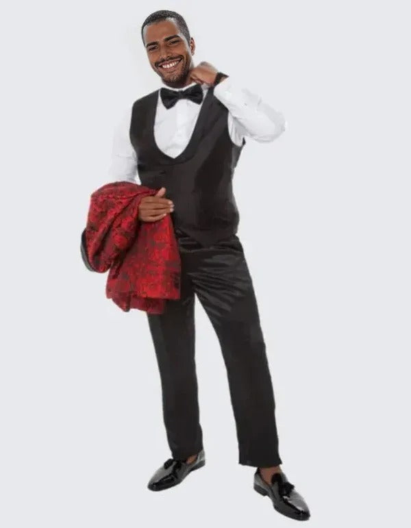 Red Tuxedo with Floral Design Four Piece Set - Wedding - Prom 2025 - Coat Size 38