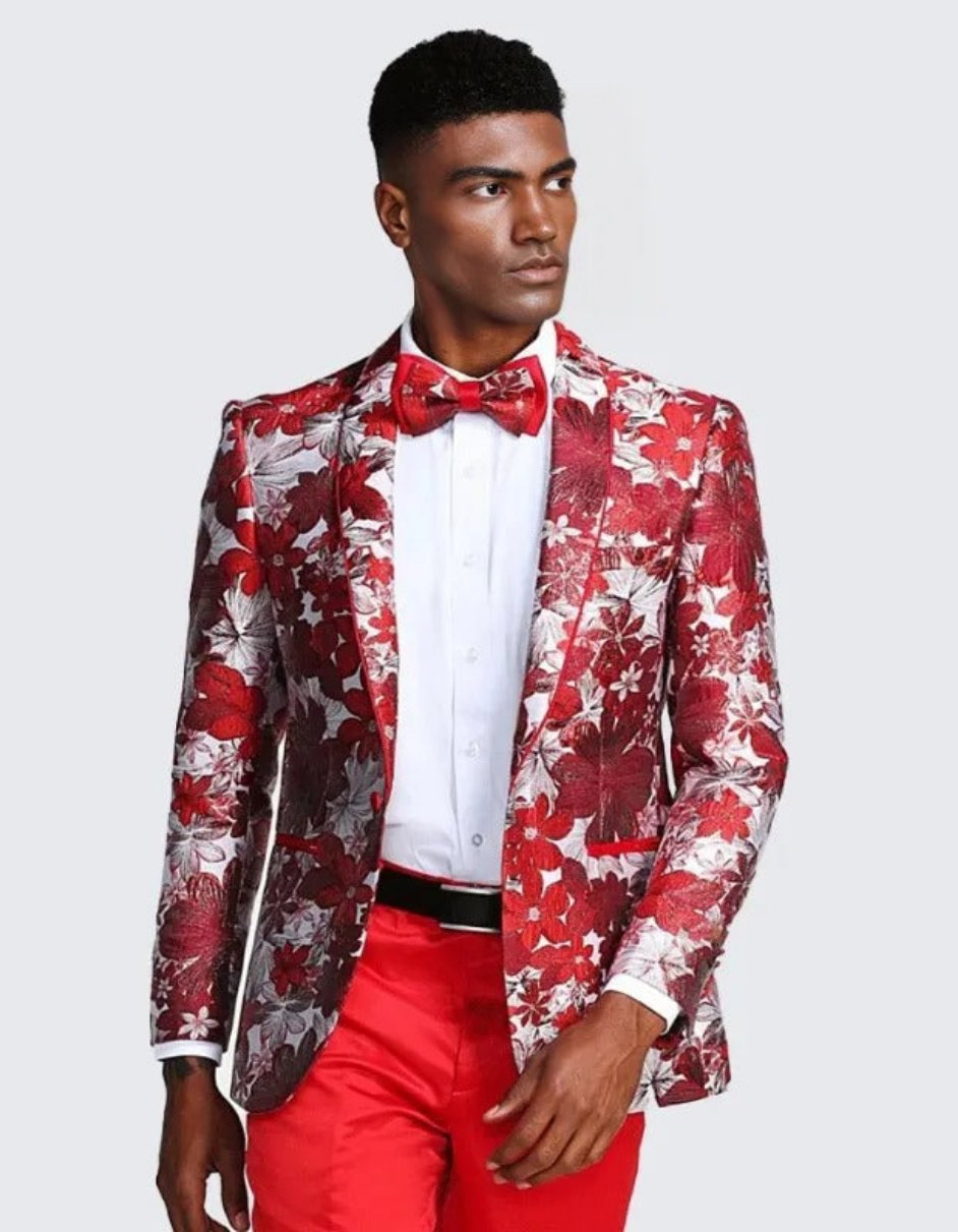 Red Floral Tuxedo Jacket Slim Fit - Wedding - Prom