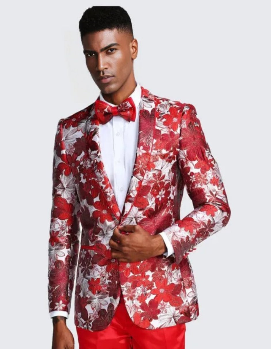 Red Floral Tuxedo Jacket Slim Fit - Wedding - Prom