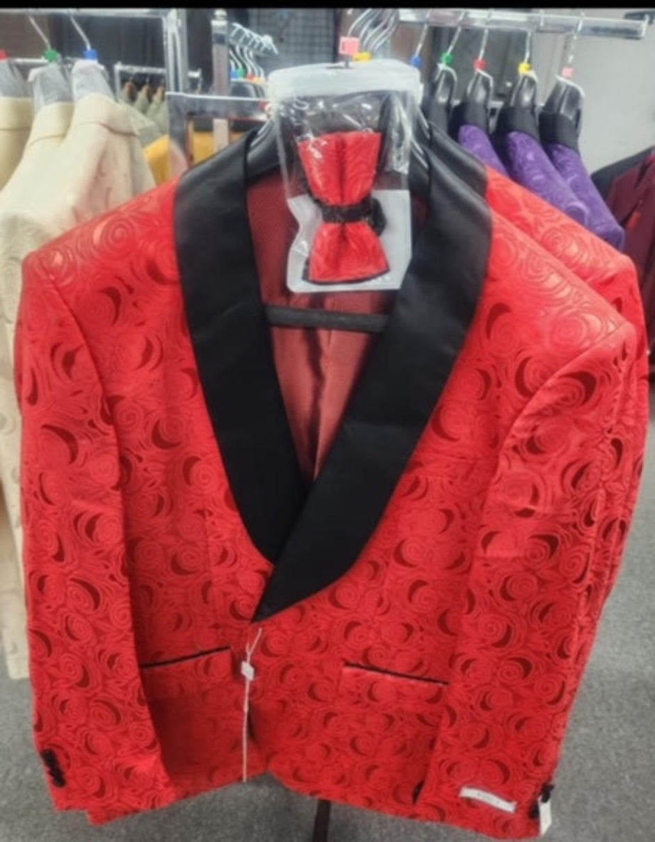 Paisley Tuxedo Dinner Jacket - Red Mens Blazer + Bowtie - Prom 2025 Jackets - S