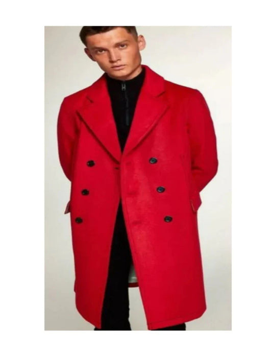 Red Overcoat For Men - Red Peacoat 100% Wool Double Breasted Style Peak Lapel Christmas Coat