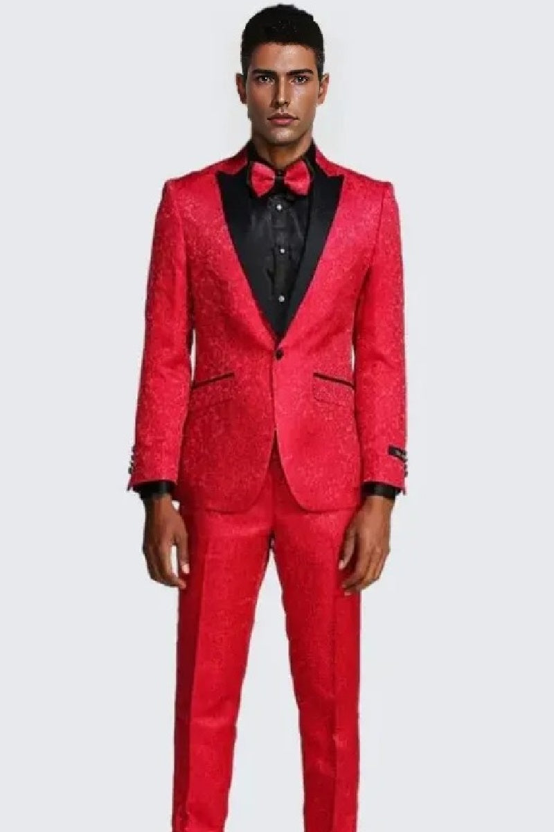 Red Paisley Slim Fit Tuxedo Three Piece Set - Wedding - Prom 2025 - 34 Short or Extra Small