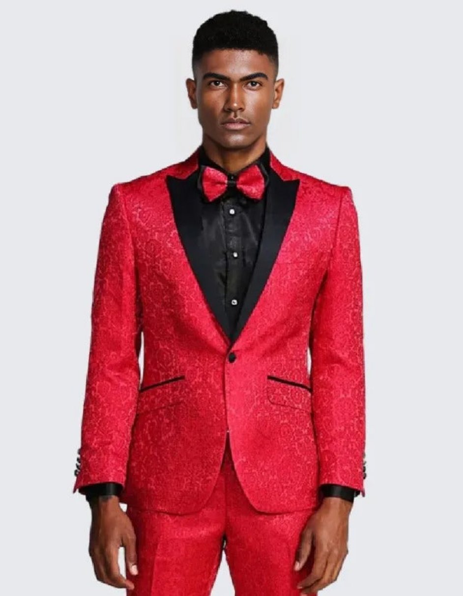 Red Paisley Slim Fit Tuxedo Three Piece Set - Wedding - Prom