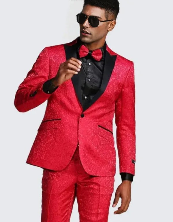 Red Paisley Slim Fit Tuxedo Three Piece Set - Wedding - Prom 2025 - 34 Short or Extra Small