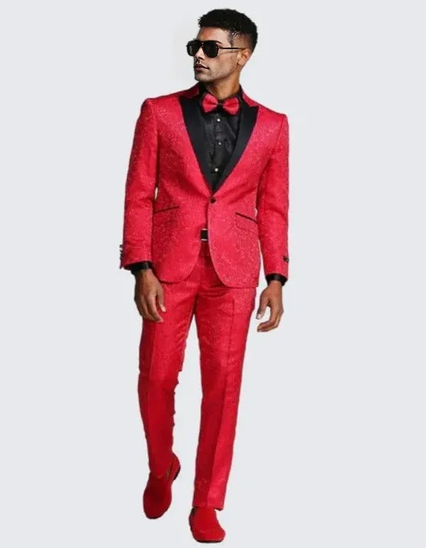 Red Paisley Slim Fit Tuxedo Three Piece Set - Wedding - Prom 2025 - 34 Short or Extra Small