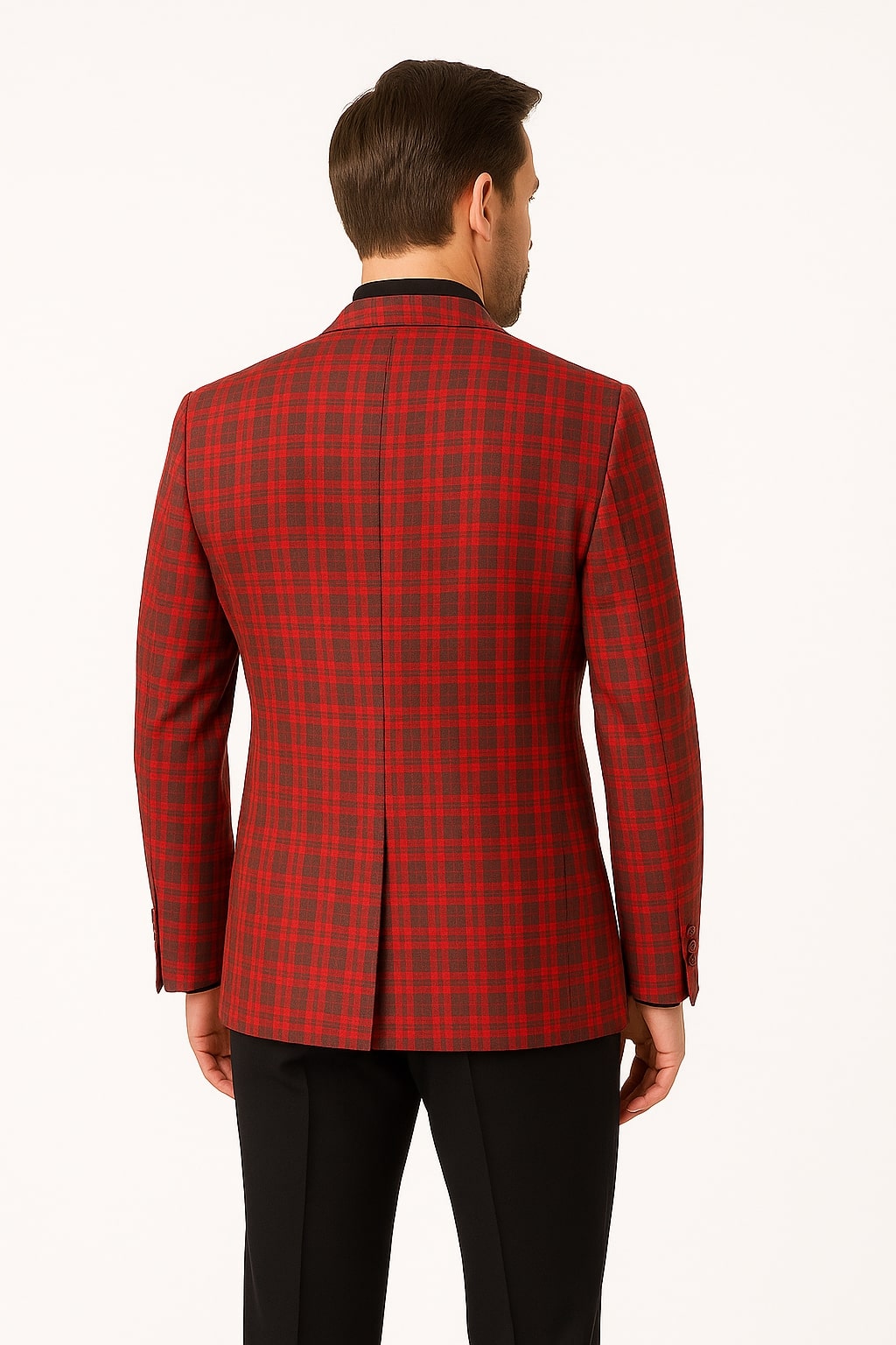 Mens Red Plaid Modern Fit Windowpane Check Blazer - Christmas Holiday Sport Coat Tartan Look - 44 Long