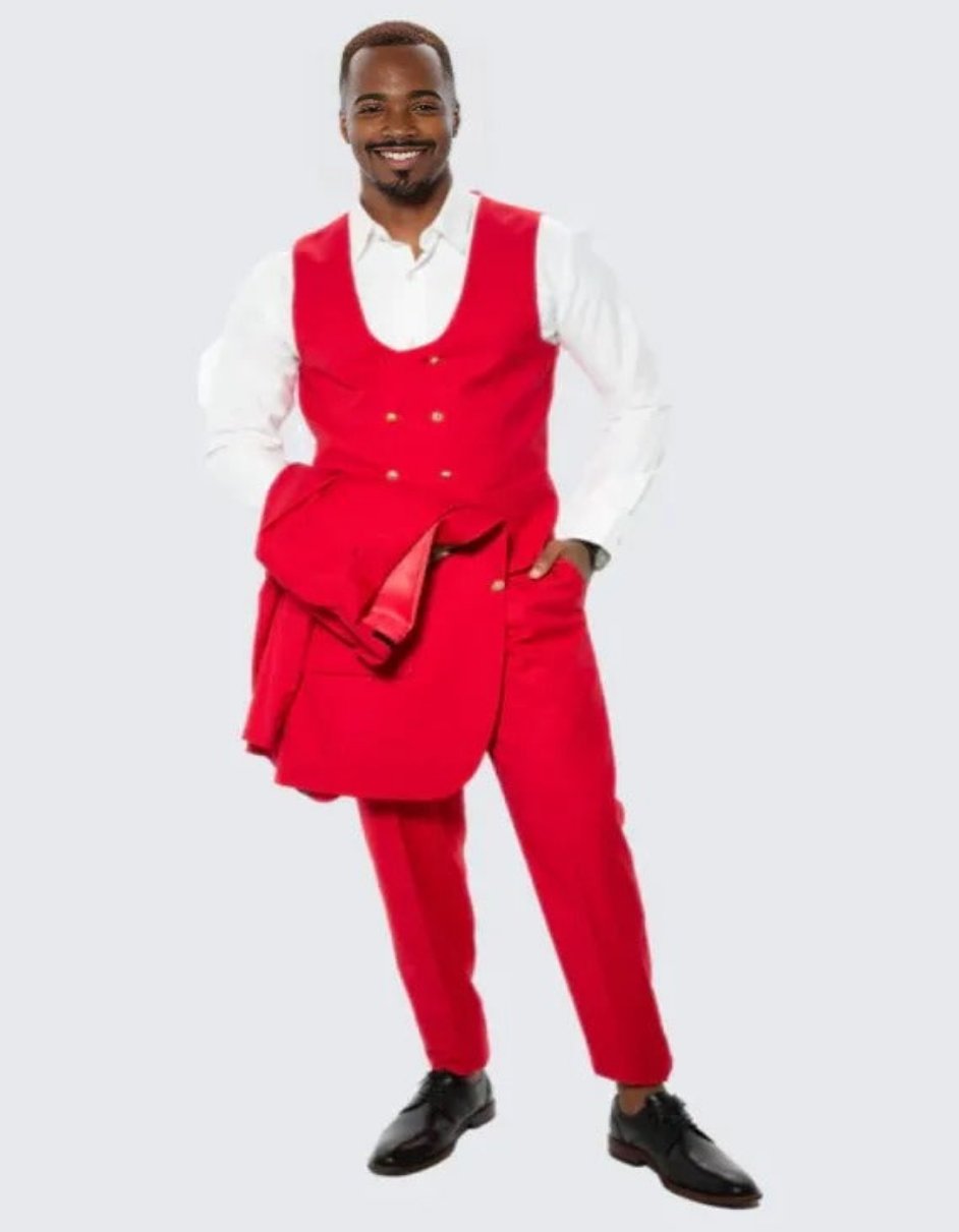 Red Skinny Fit Suit Three Piece Set with Double Breasted Vest - Wedding - Prom 2025