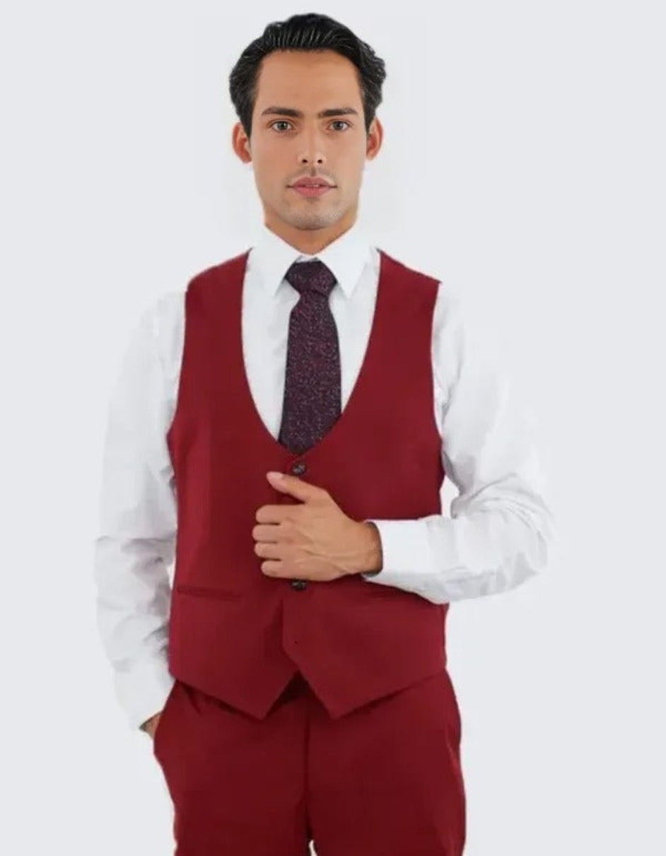 Red Slim Fit Three Piece Single Breasted Suit with Large Peak Lapel by Stacy Adams - Red Prom 2026 Suits - Coat Size 38