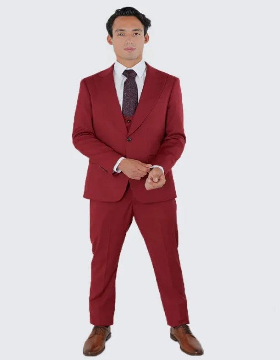 Red Slim Fit Three Piece Suit with Large Peak Lapel by Stacy Adams - Red Prom 2025 Suits