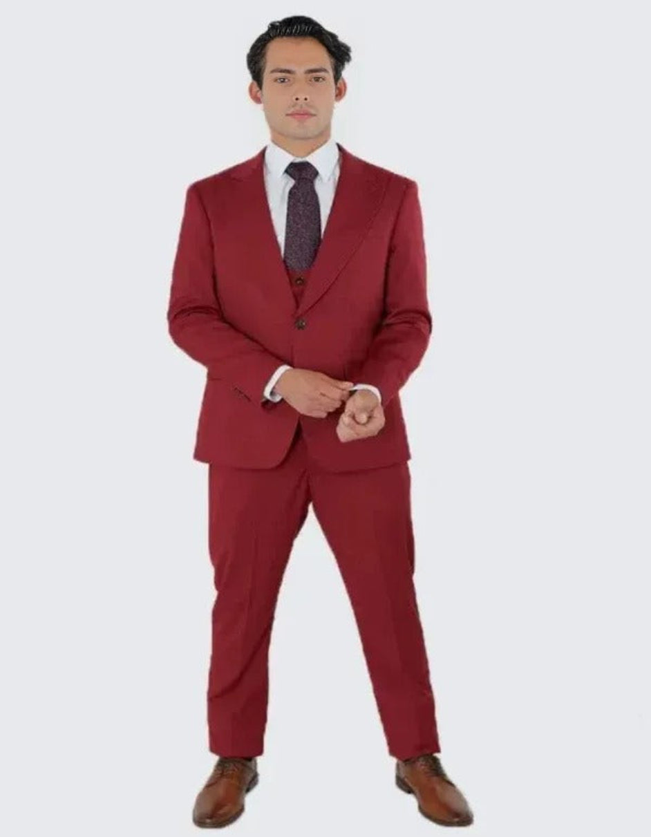 Red Slim Fit Three Piece Single Breasted Suit with Large Peak Lapel by Stacy Adams - Red Prom 2025 Suits - Coat Size 38