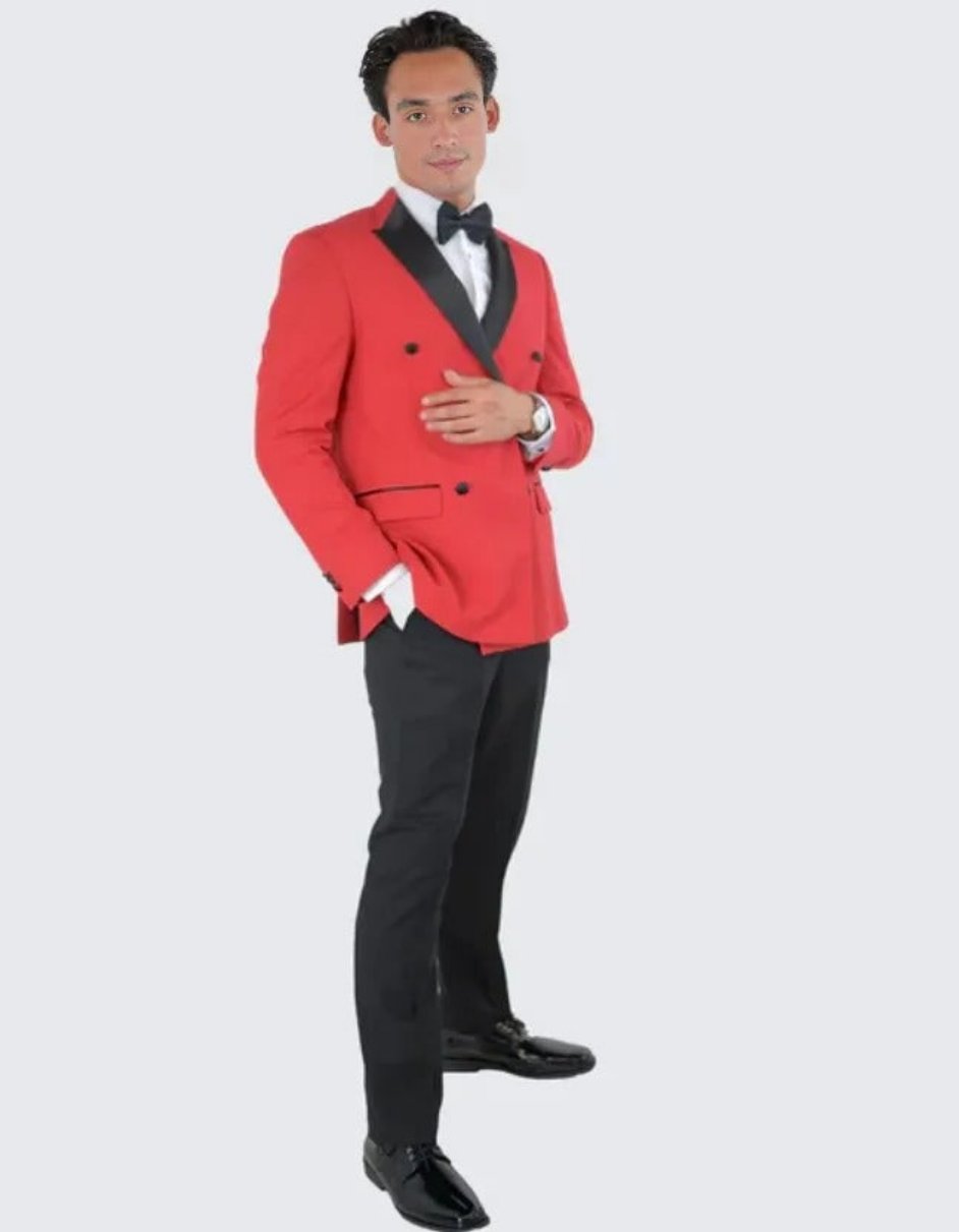 Red Double Breasted Slim Fit Tuxedo Black Peak Lapel - Wedding - Prom