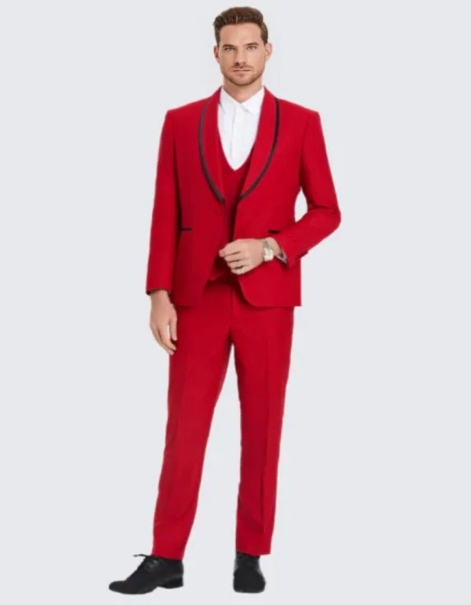 Red Textured Tuxedo with Satin Trim Four Piece Set - Wedding - Prom