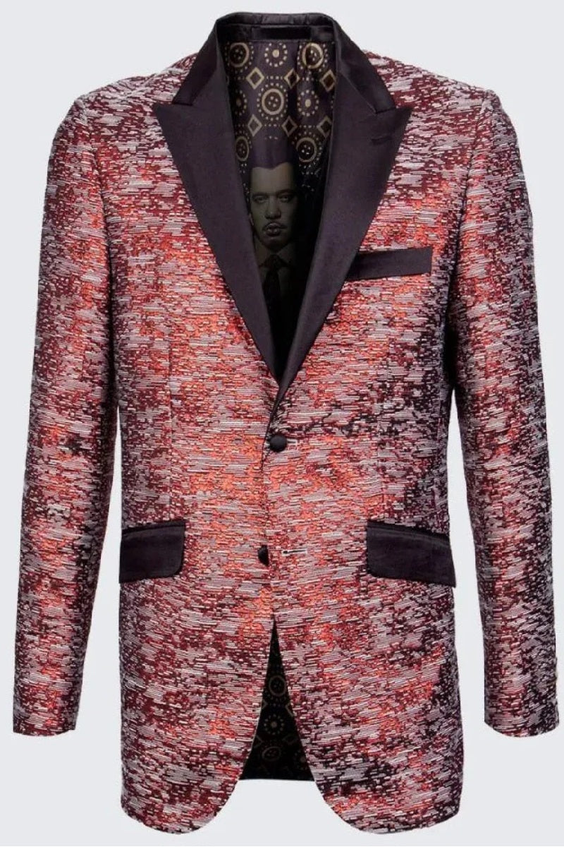 Red Textured Tuxedo Jacket Slim Fit with Satin Peak Lapel- Wedding - Prom 2025 - 38 Short Jacket+32 Waist Adjustable 28to34)(Height: 5 4 to5 7 )(Neck  15-16.5)S-M)