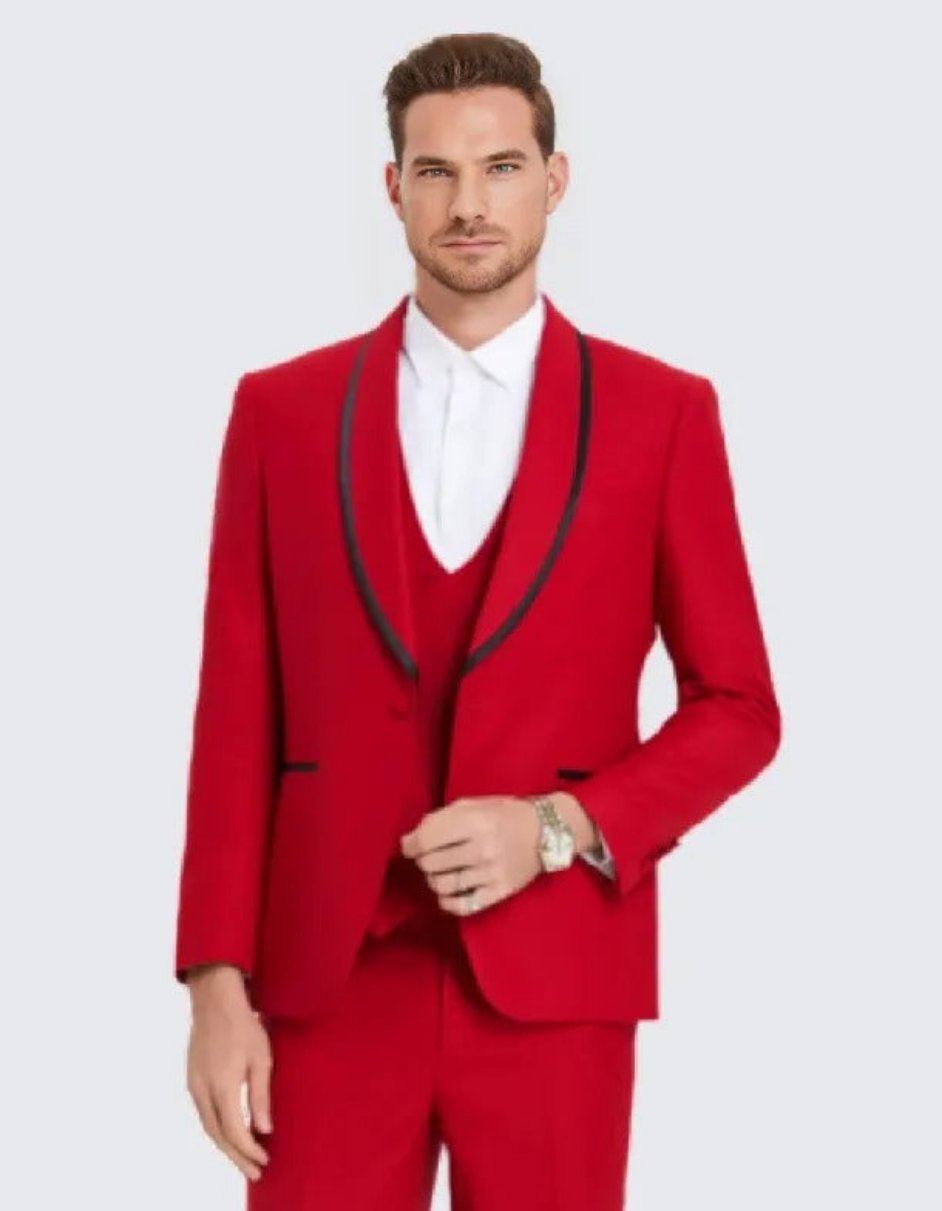 Red Textured Tuxedo with Satin Trim Four Piece Set - Wedding - Prom