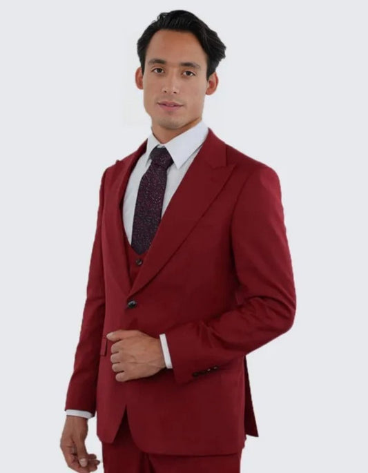 Red Slim Fit Three Piece Suit with Large Peak Lapel by Stacy Adams - Red Prom 2025 Suits