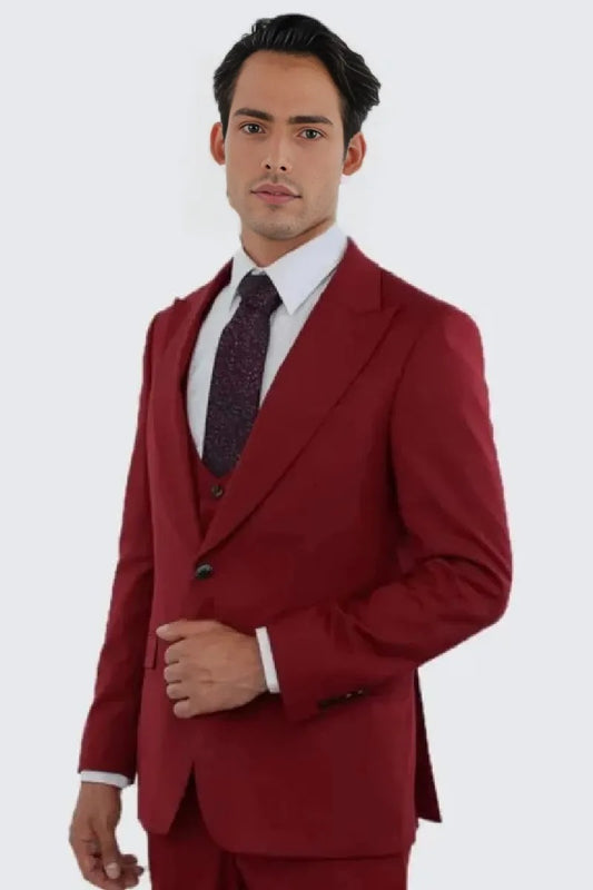 Red Slim Fit Three Piece Suit with Large Peak Lapel by Stacy Adams - Red Prom 2025 Suits