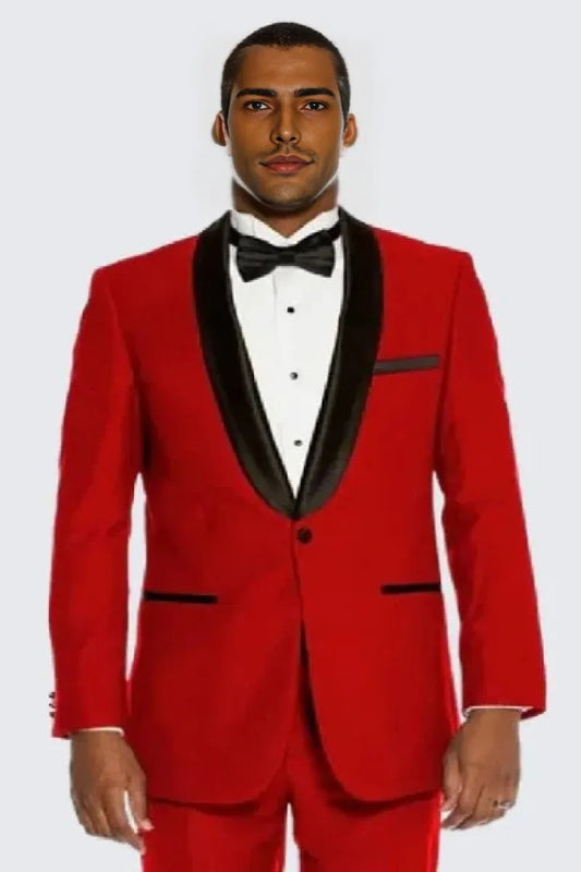 Red Tuxedo with Black Lapel Slim Fit One Button - Wedding - Prom 2025