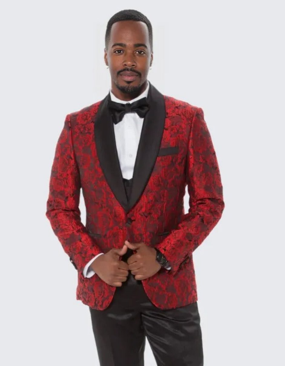 Red Tuxedo with Floral Design Four Piece Set - Wedding - Prom