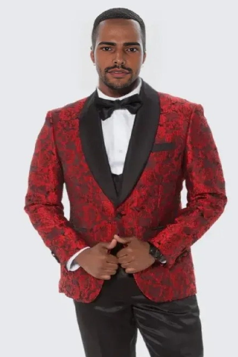 Red Tuxedo with Floral Design Four Piece Set - Wedding - Prom 2025 - 34 Short or Extra Small