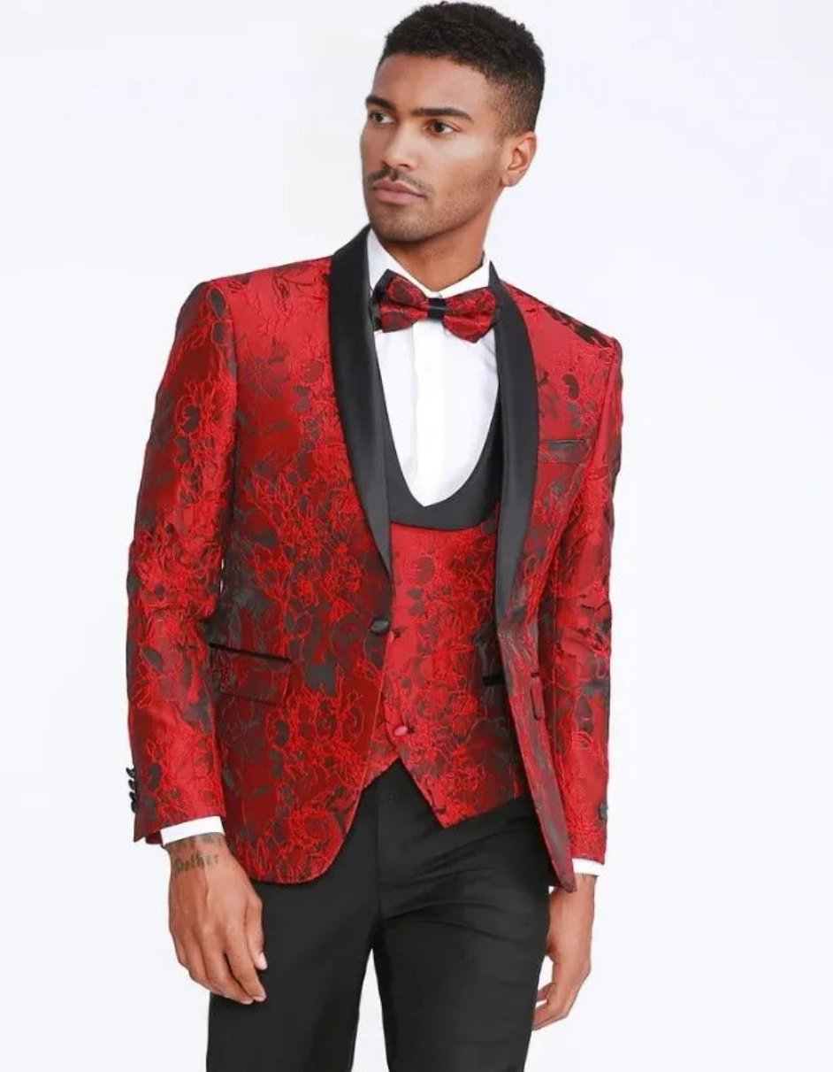 Red Tuxedo with Floral Pattern Four Piece Set - Wedding - Prom