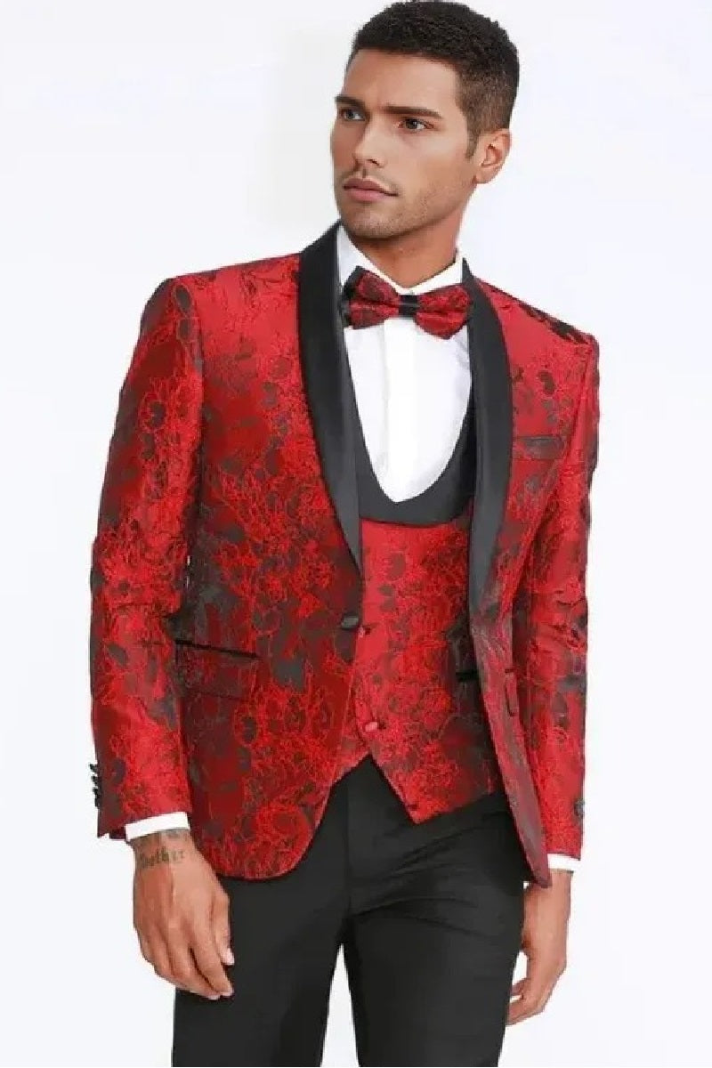 Red Tuxedo with Floral Pattern Four Piece Set - Wedding - Prom 2025 - 34 Short or Extra Small