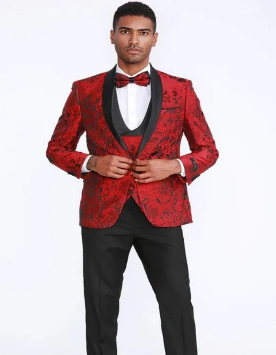 Red Tuxedo with Floral Pattern Four Piece Set - Wedding - Prom