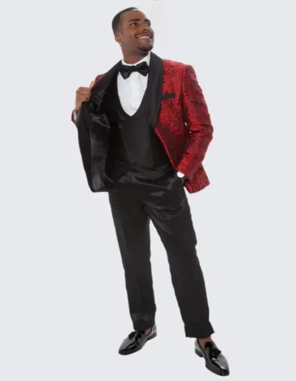 Red Tuxedo with Floral Design Four Piece Set - Wedding - Prom 2025 - Coat Size 38