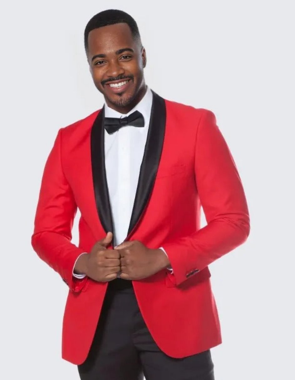 Red Tuxedo Jacket with Black Satin Shawl Lapel Slim Fit - Wedding - Prom