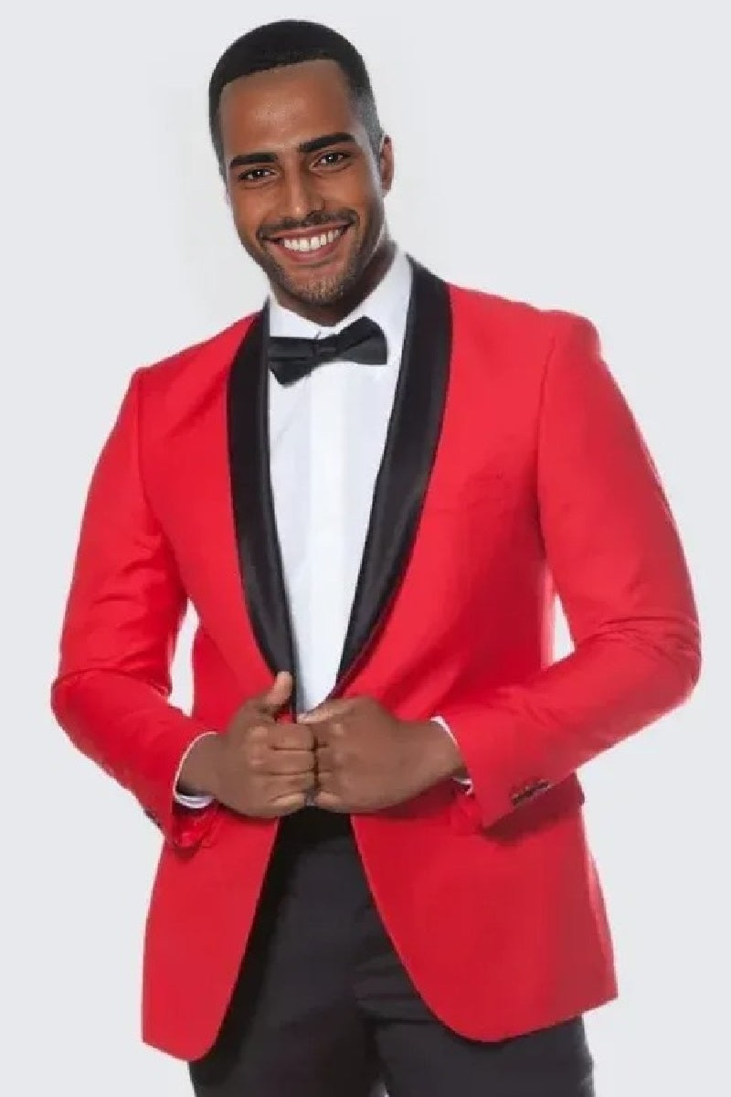 Red Tuxedo Jacket with Black Satin Shawl Lapel Slim Fit - Wedding - Prom 2025 - 34 Short or Extra Small