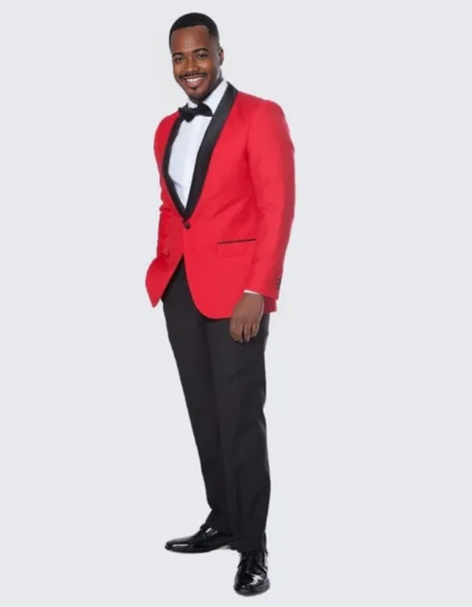 Red Tuxedo Jacket with Black Satin Shawl Lapel Slim Fit - Wedding - Prom