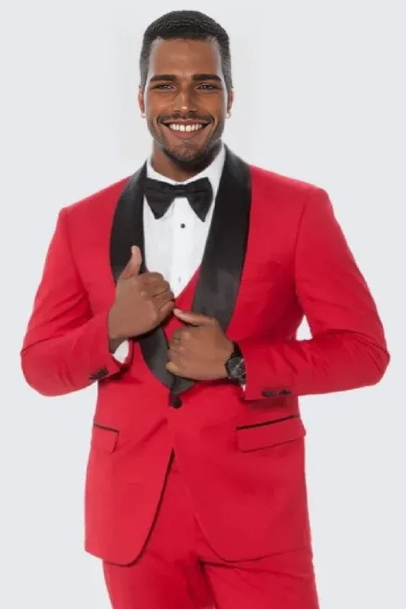 Red Tuxedo Slim Fit with Large Shawl Lapel by Stacy Adams - Wedding - Prom 2025 - 34 Short or Extra Small