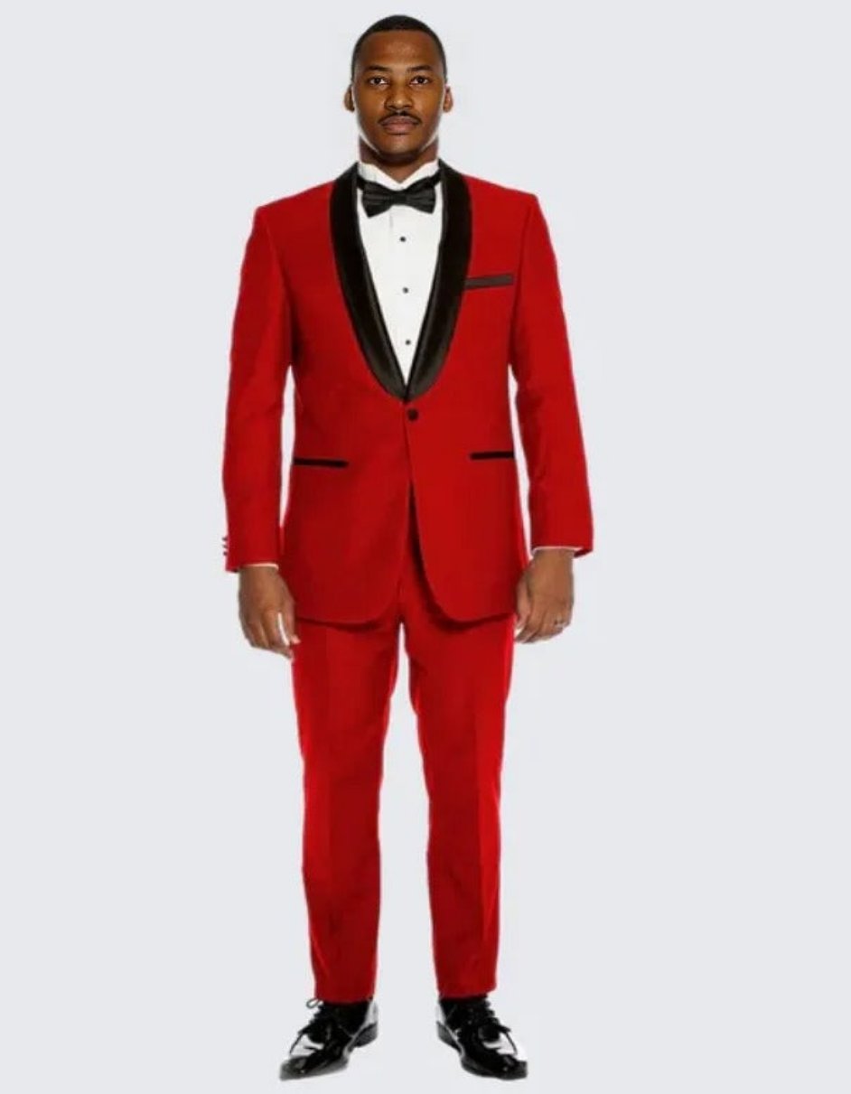 Red Tuxedo with Black Lapel Slim Fit One Button - Wedding - Prom