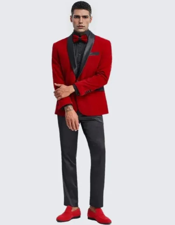 Red Velvet Tuxedo Jacket Slim Fit with Shawl Lapel - Wedding - Prom 2025 - 34 Short or Extra Small