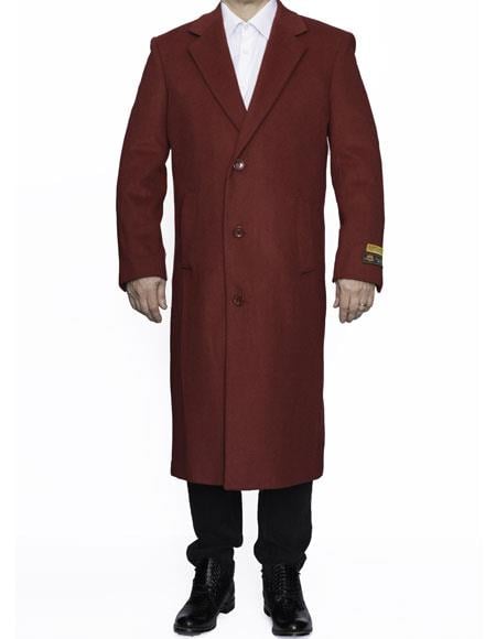 Men's Dress Coat Full Length Wool Dress Top Coat / Overcoat in Burgundy Overcoat - 44 Regular
